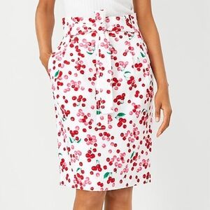 Ann Taylor White Cherry Fruit Print Linen Blend Paperbag Pencil Skirt